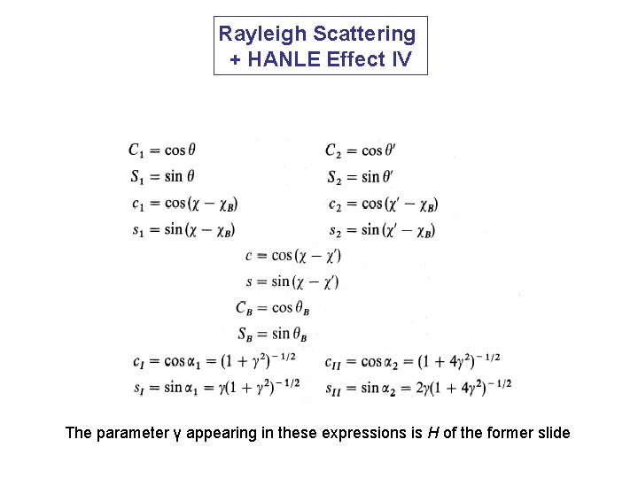 Rayleigh Scattering + HANLE Effect IV The parameter γ appearing in these expressions is