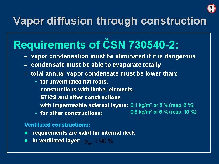 Vapor diffusion through construction Requirements of ČSN 730540 -2: – vapor condensation must be
