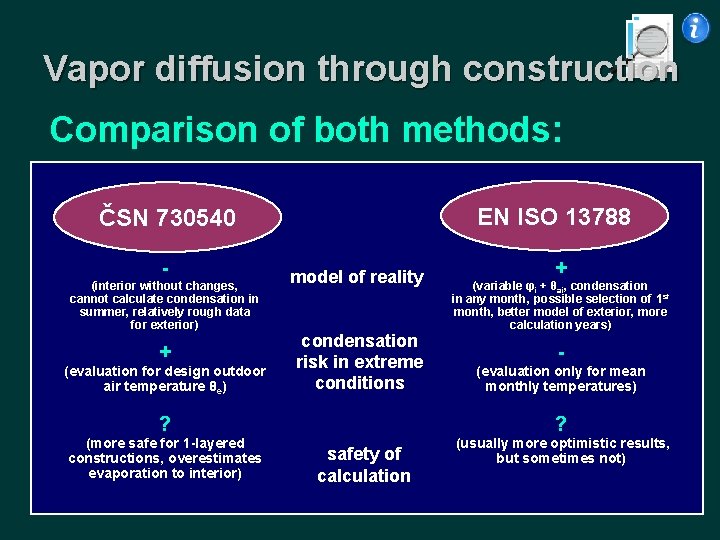 Vapor diffusion through construction Comparison of both methods: EN ISO 13788 ČSN 730540 -