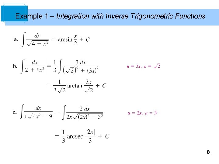 Example 1 – Integration with Inverse Trigonometric Functions 8 