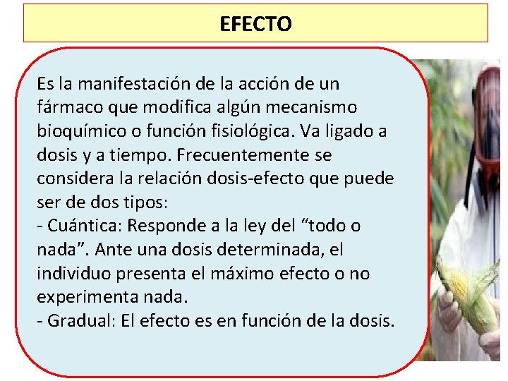 EFECTO Es la manifestación de la acción de un fármaco que modifica algún mecanismo