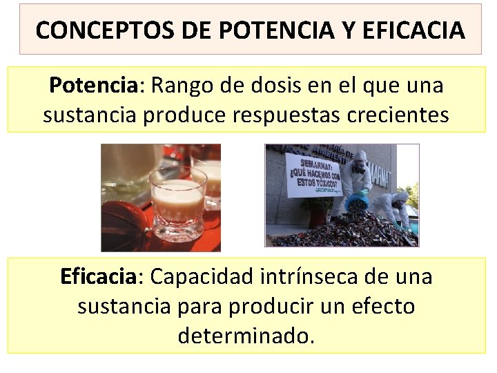 CONCEPTOS DE POTENCIA Y EFICACIA Potencia: Rango de dosis en el que una sustancia