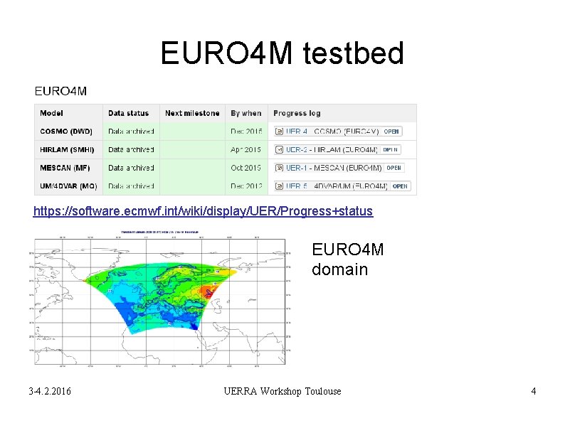 EURO 4 M testbed https: //software. ecmwf. int/wiki/display/UER/Progress+status EURO 4 M domain 3 -4.
