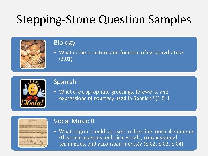 Stepping-Stone Question Samples Biology • What is the structure and function of carbohydrates? (2.