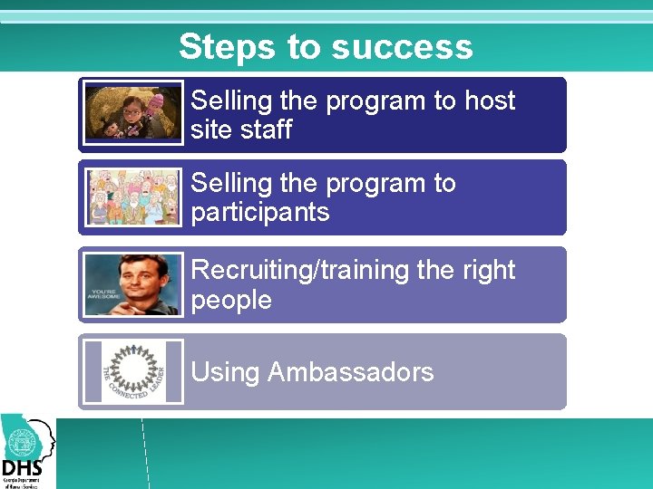 Steps to success Selling the program to host site staff Selling the program to Steps to success Selling the program to host site staff Selling the program to