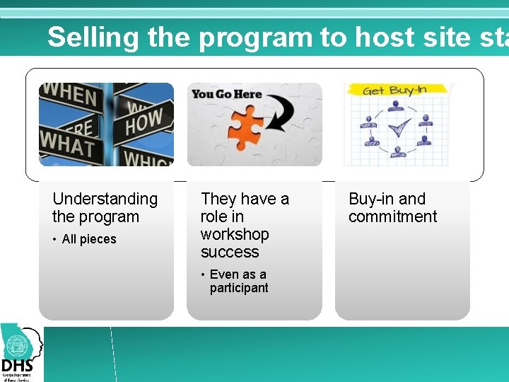 Selling the program to host site sta Understanding the program • All pieces They Selling the program to host site sta Understanding the program • All pieces They