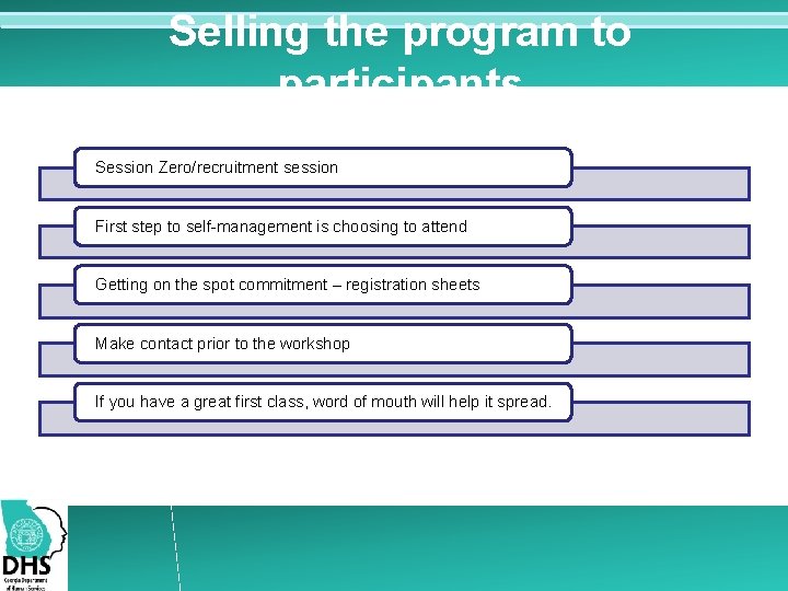 Selling the program to participants Session Zero/recruitment session First step to self-management is choosing Selling the program to participants Session Zero/recruitment session First step to self-management is choosing