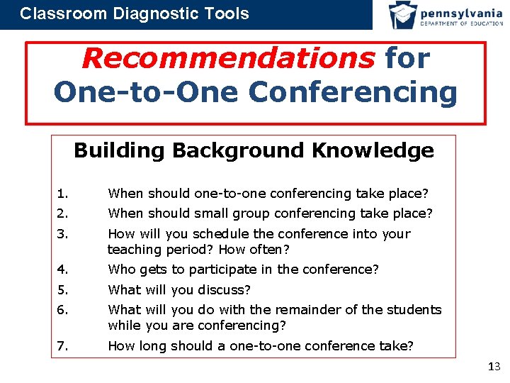 Classroom Diagnostic Tools Recommendations for One-to-One Conferencing Building Background Knowledge 1. When should one-to-one