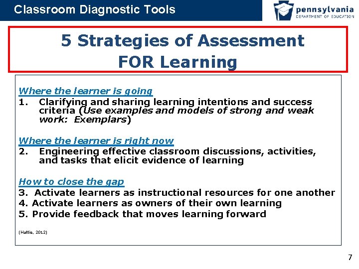 Classroom Diagnostic Tools 5 Strategies of Assessment FOR Learning Where the learner is going