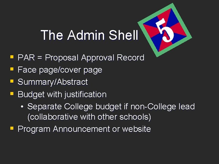 The Admin Shell § PAR = Proposal Approval Record § Face page/cover page §