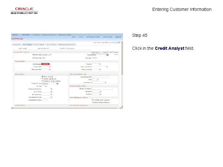 Entering Customer Information Step 45 Click in the Credit Analyst field. 