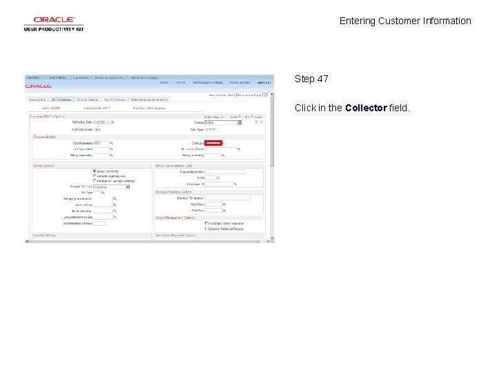 Entering Customer Information Step 47 Click in the Collector field. 