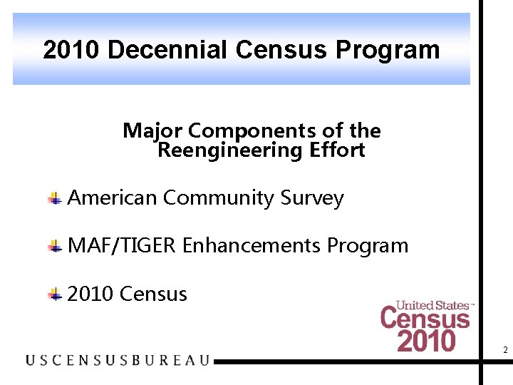 2010 Decennial Census Program Major Components of the Reengineering Effort American Community Survey MAF/TIGER