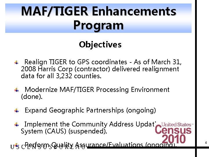 MAF/TIGER Enhancements Program Objectives Realign TIGER to GPS coordinates - As of March 31,