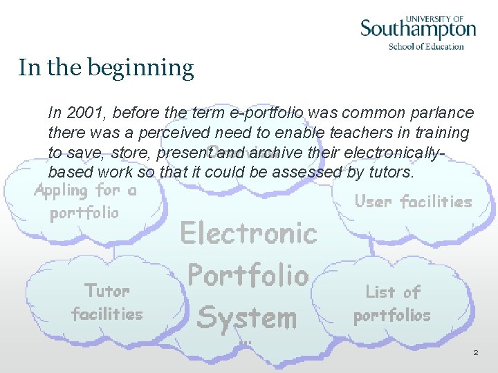 In the beginning In 2001, before the term e-portfolio was common parlance there was
