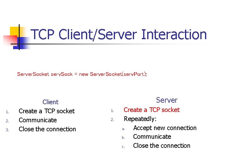 TCP Client/Server Interaction Server. Socket serv. Sock = new Server. Socket(serv. Port); 1. 2.