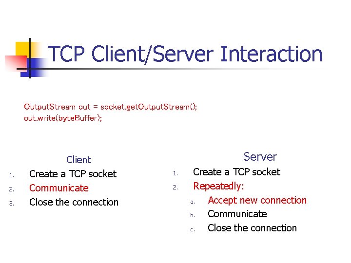 TCP Client/Server Interaction Output. Stream out = socket. get. Output. Stream(); out. write(byte. Buffer);