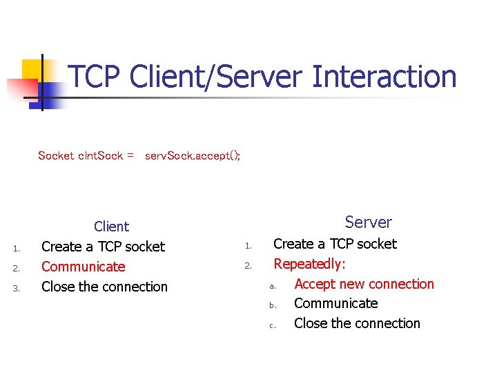 TCP Client/Server Interaction Socket clnt. Sock = serv. Sock. accept(); 1. 2. 3. Client