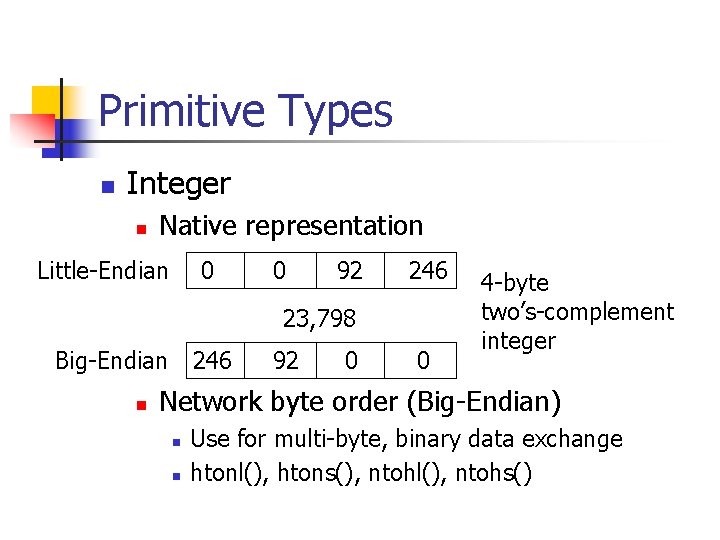 Primitive Types n Integer n Native representation Little-Endian 0 0 92 246 23, 798