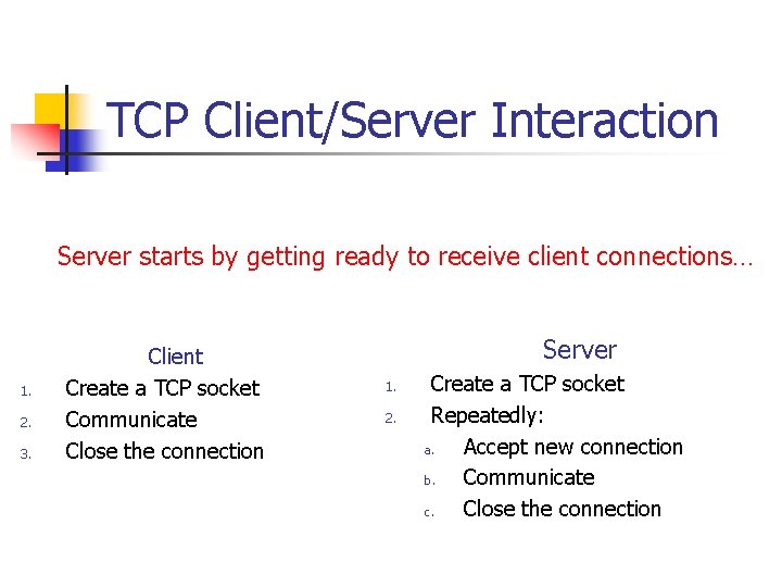 TCP Client/Server Interaction Server starts by getting ready to receive client connections… 1. 2.