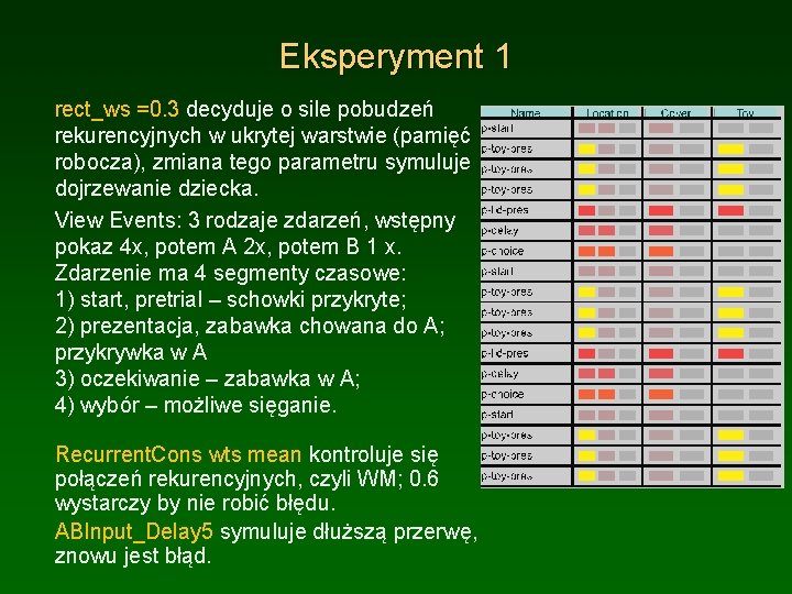 Eksperyment 1 rect_ws =0. 3 decyduje o sile pobudzeń rekurencyjnych w ukrytej warstwie (pamięć