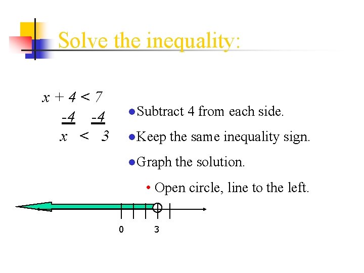 Solve the inequality: x+4<7 -4 -4 x < 3 ●Subtract 4 from each side.