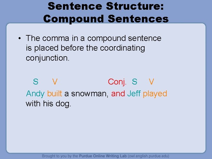 Sentence Structure: Compound Sentences • The comma in a compound sentence is placed before