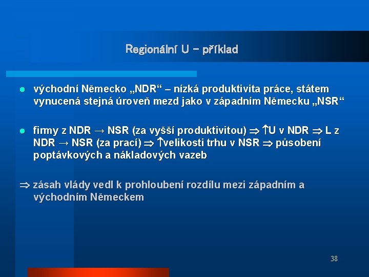 Regionální U - příklad l východní Německo „NDR“ – nízká produktivita práce, státem vynucená