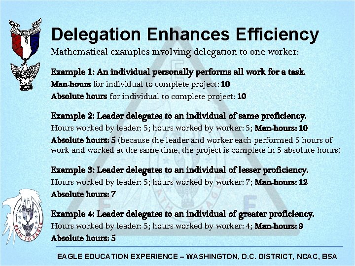 Delegation Enhances Efficiency Mathematical examples involving delegation to one worker: Example 1: An individual