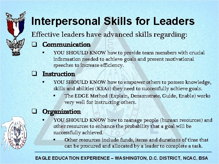 Interpersonal Skills for Leaders Effective leaders have advanced skills regarding: q Communication § YOU