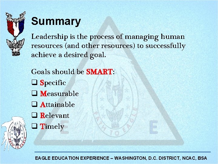 Summary Leadership is the process of managing human resources (and other resources) to successfully