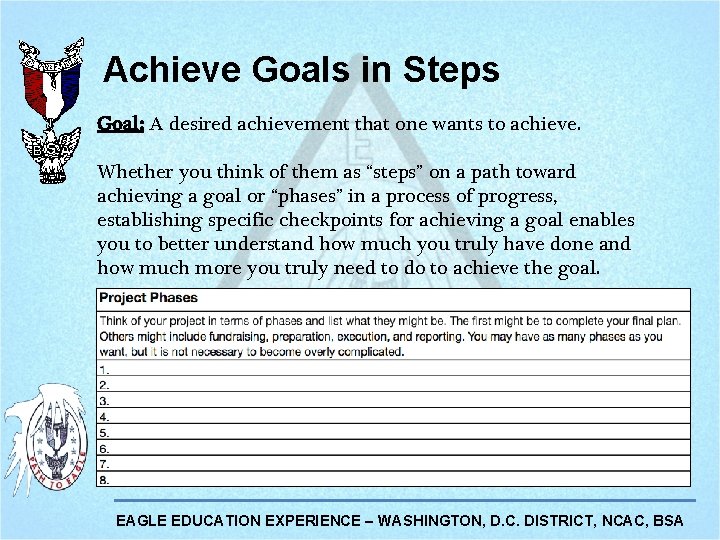 Achieve Goals in Steps Goal: A desired achievement that one wants to achieve. Whether