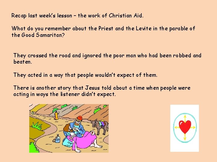 Recap last week’s lesson – the work of Christian Aid. What do you remember