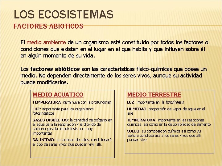 LOS ECOSISTEMAS FACTORES ABIOTICOS El medio ambiente de un organismo está constituido por todos