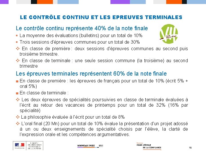 LE CONTRÔLE CONTINU ET LES EPREUVES TERMINALES Le contrôle continu représente 40% de la