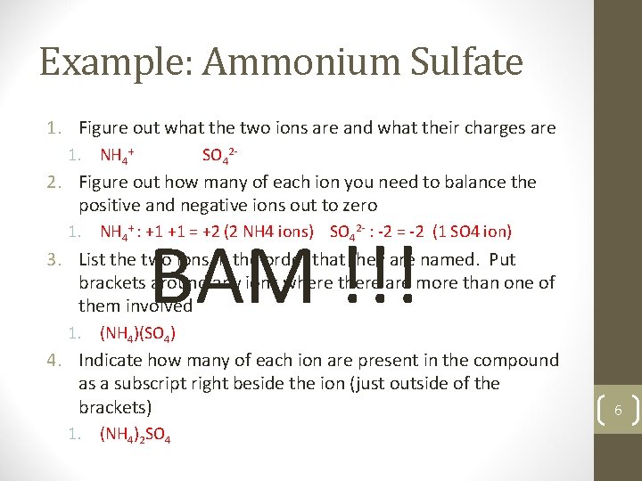 Example: Ammonium Sulfate 1. Figure out what the two ions are and what their