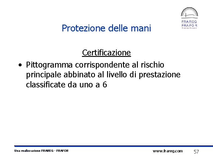 Protezione delle mani Certificazione • Pittogramma corrispondente al rischio principale abbinato al livello di