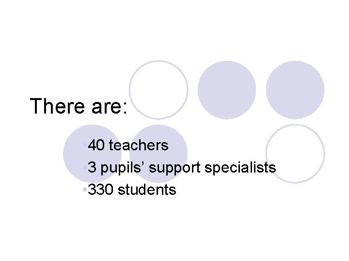There are: • 40 teachers • 3 pupils’ support specialists • 330 students 