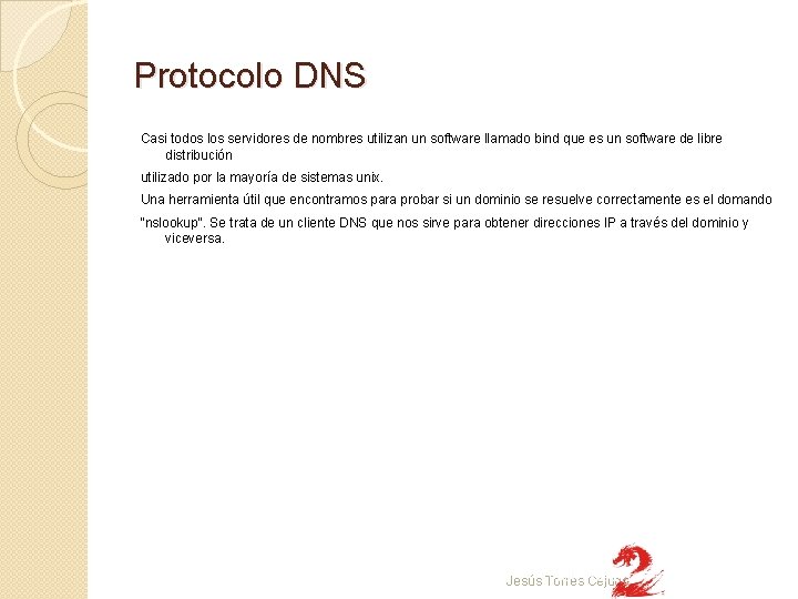 Protocolo DNS Casi todos los servidores de nombres utilizan un software llamado bind que