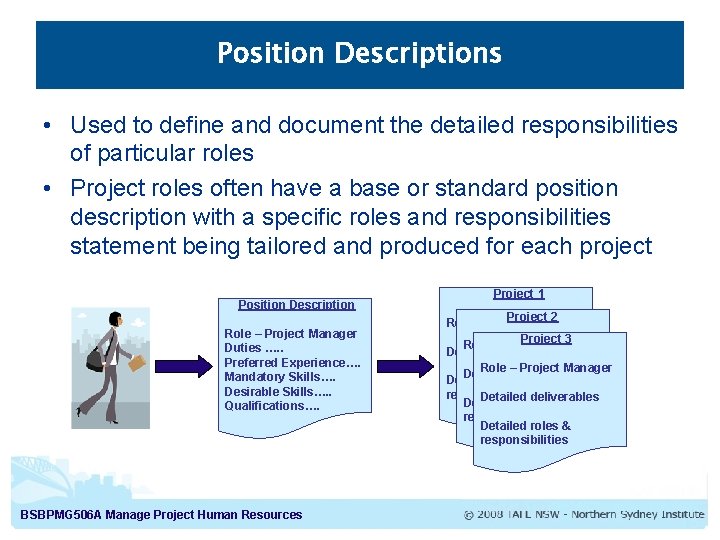 Position Descriptions • Used to define and document the detailed responsibilities of particular roles