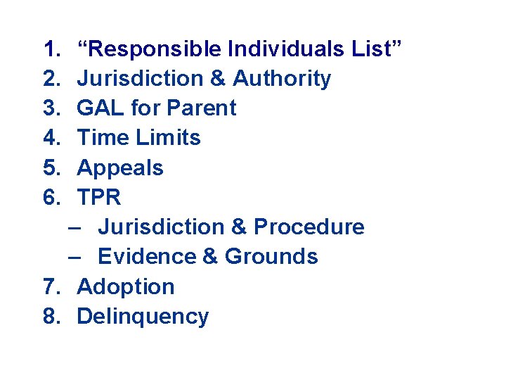 1. 2. 3. 4. 5. 6. “Responsible Individuals List” Jurisdiction & Authority GAL for