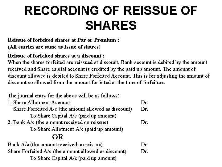 RECORDING OF REISSUE OF SHARES Reissue of forfeited shares at Par or Premium :