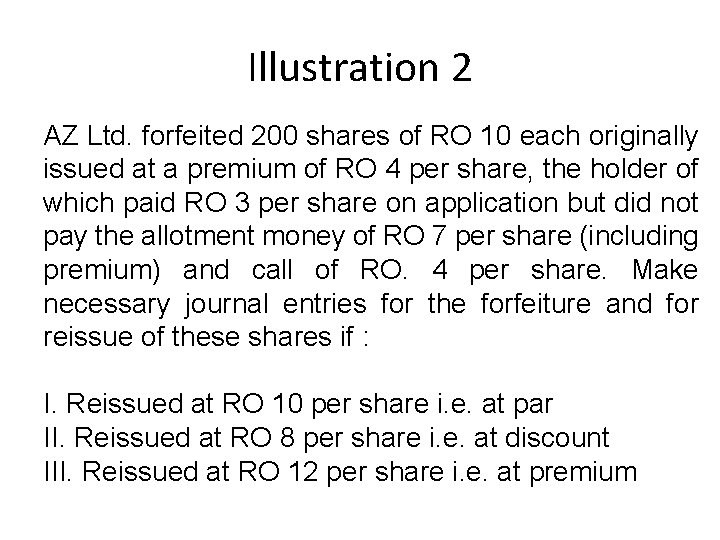 Illustration 2 AZ Ltd. forfeited 200 shares of RO 10 each originally issued at