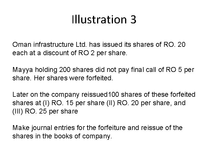 Illustration 3 Oman infrastructure Ltd. has issued its shares of RO. 20 each at