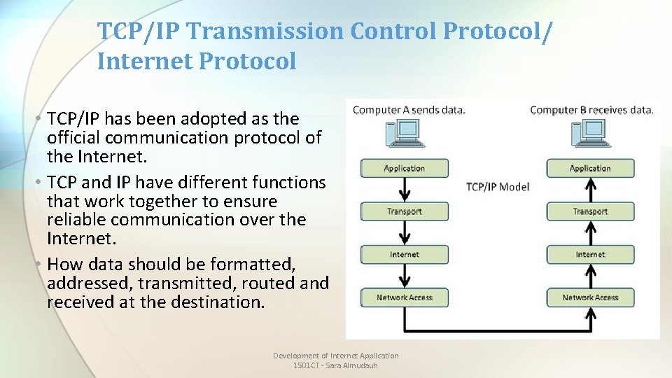 TCP/IP Transmission Control Protocol/ Internet Protocol • TCP/IP has been adopted as the official
