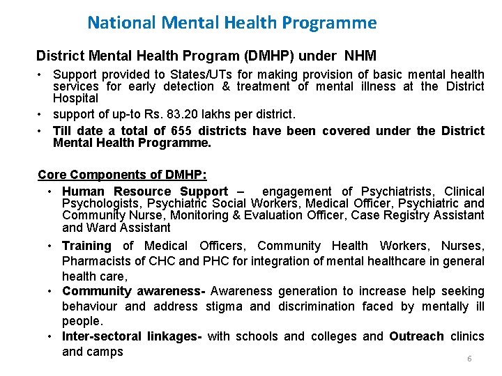 National Mental Health Programme District Mental Health Program (DMHP) under NHM • Support provided