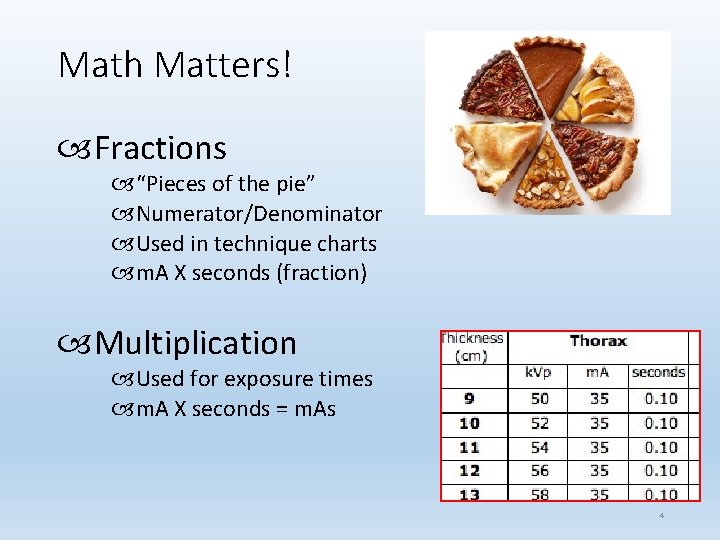 Math Matters! Fractions “Pieces of the pie” Numerator/Denominator Used in technique charts m. A