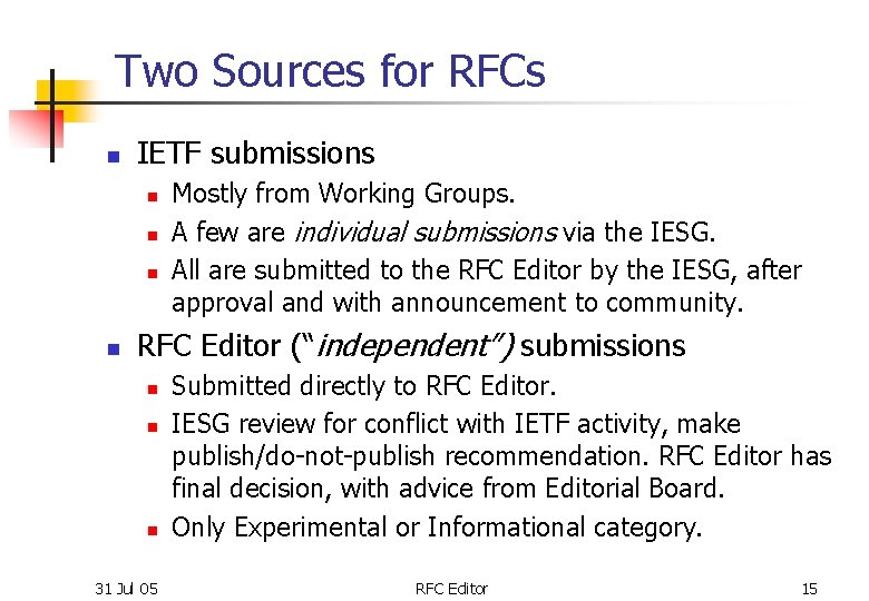 Two Sources for RFCs n IETF submissions n n Mostly from Working Groups. A