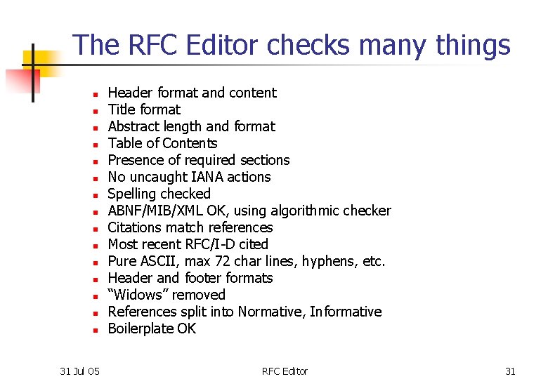 The RFC Editor checks many things n n n n 31 Jul 05 Header