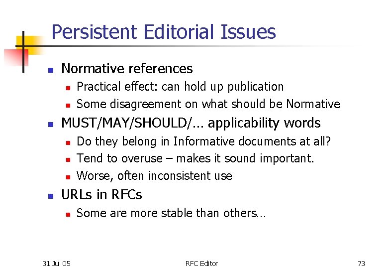 Persistent Editorial Issues n Normative references n n n MUST/MAY/SHOULD/… applicability words n n